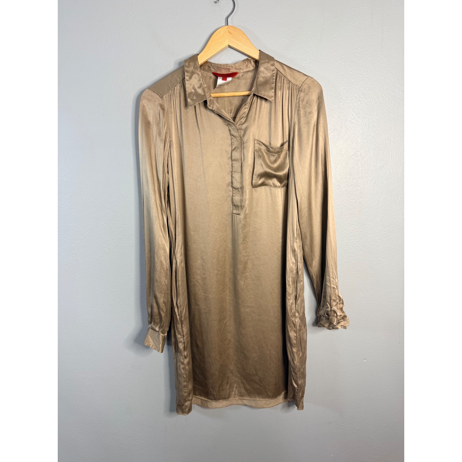 L.K. Bennett Silk Blend Shirt Dress Taupe Satin Long Sleeve Uk 12 Us 8